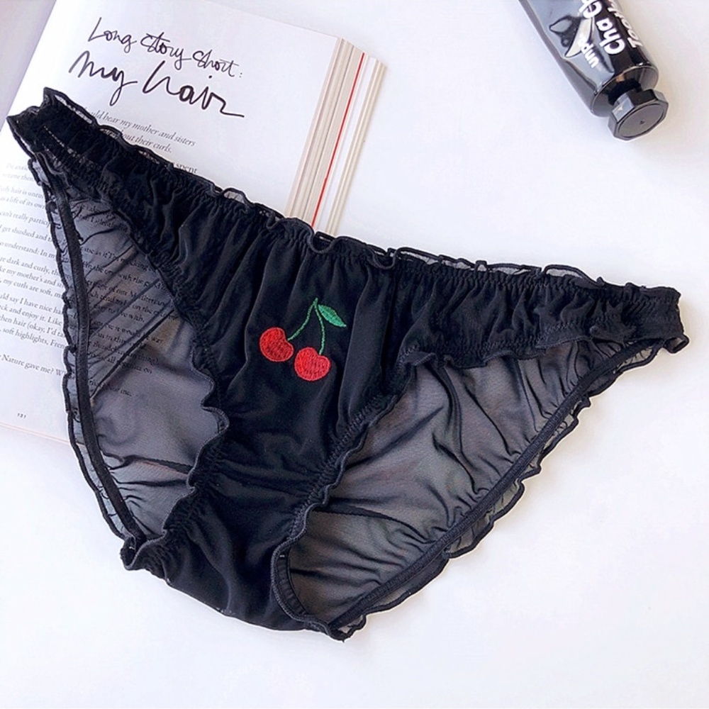 Black Ruched Fruit Applique Mesh Sheer Panties - Picture 4 of 16